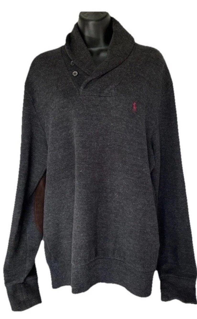 Polo Ralph Lauren Sweater Mens M Gray Shawl Collar Elbow Patches Red Pony Logo